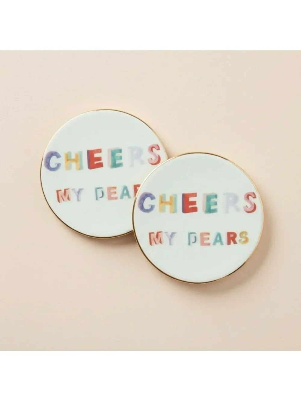 ANTHROPOLOGIE Glazed Ceramic Coasters Set Of 2 Cheers My Dears Caption Coaster